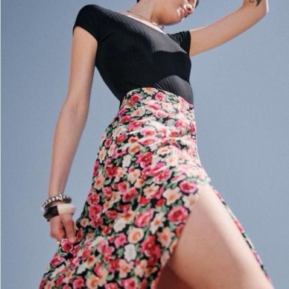 Sezane Black Floral A-Line Skirt